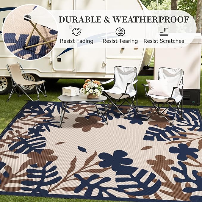 MontVoo Outdoor Rug Waterproof 5x8 ft RV Outdoor Rug for Camping Picnic Mat Outdoor Patio Rug Carpet Plastic Straw Reversible Floral Navy Orange