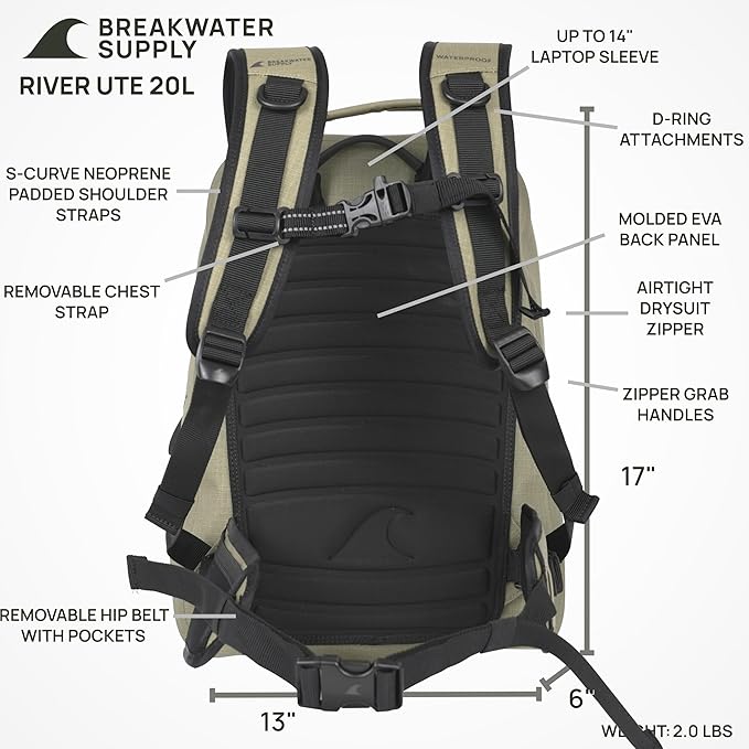 Breakwater Supply™ River Ute Waterproof IP68 Fishing Backpack, Floating TPU Submersible Dry Bag with Padded Hip Belt and Airtight Zippers | 20L (River Ute 20L CORDURA Safari Tan)