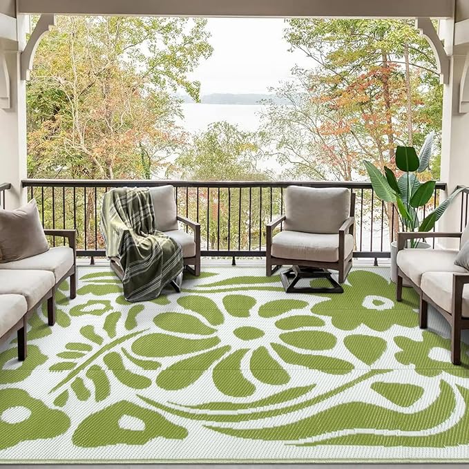 Wonnitar Outdoor Rug 8x10,Waterproof Outdoor Rugs for Patios Clearance,Reversible Outside Plastic Straw Carpet,Large Green Abstract Plant Lightweight Mat for Balcony Deck RV (Green Flower, 8'x10')
