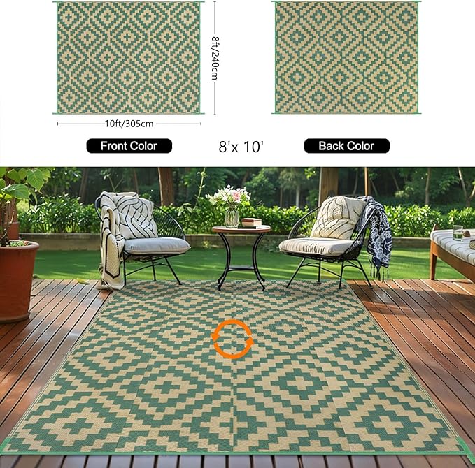 Outdoor Patio Plastic Straw Rug - 8'x10' Outdoor Camping Rug Waterproof Reversible, Area Carpet Patios Clearance RV, Outside Porch Balcony Deck for Camper, Green & Yellow