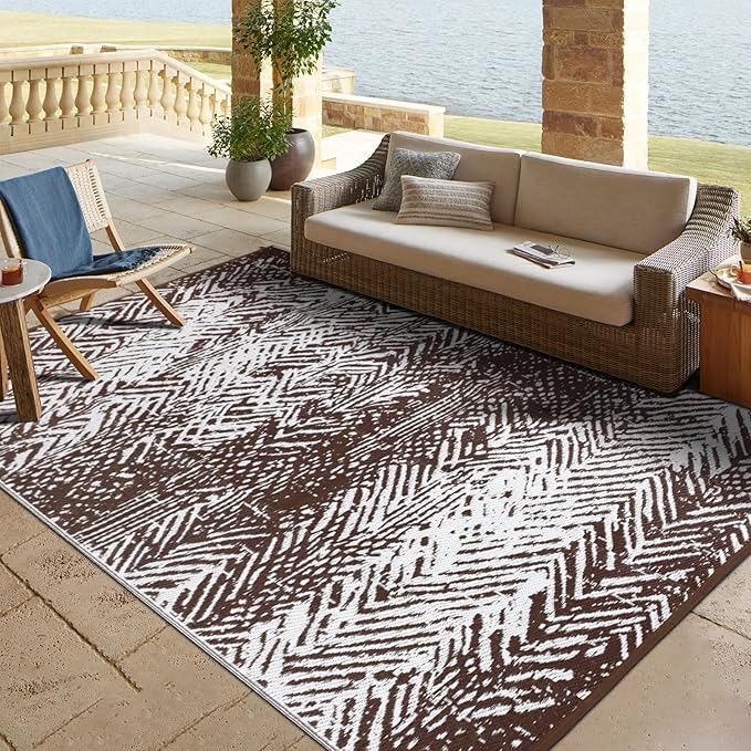 Outdoor Patio Rug 5x8 Brown, Waterproof Modern Reversible Outdoor Plastic Straw Rugs RV Camping Mat UV-Resistant Outside Carpet Portable Area Mats for Garden Balcony Deck Picnic Beach