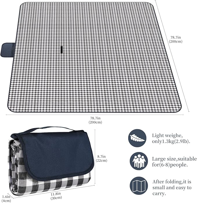 Picnic Blanket Waterproof Beach Rug 80''x80'' Picnic Mat Washable Lightweight with Handle Navy Blue Checkered for Hiking Travelling Outdoor Camping,Parks