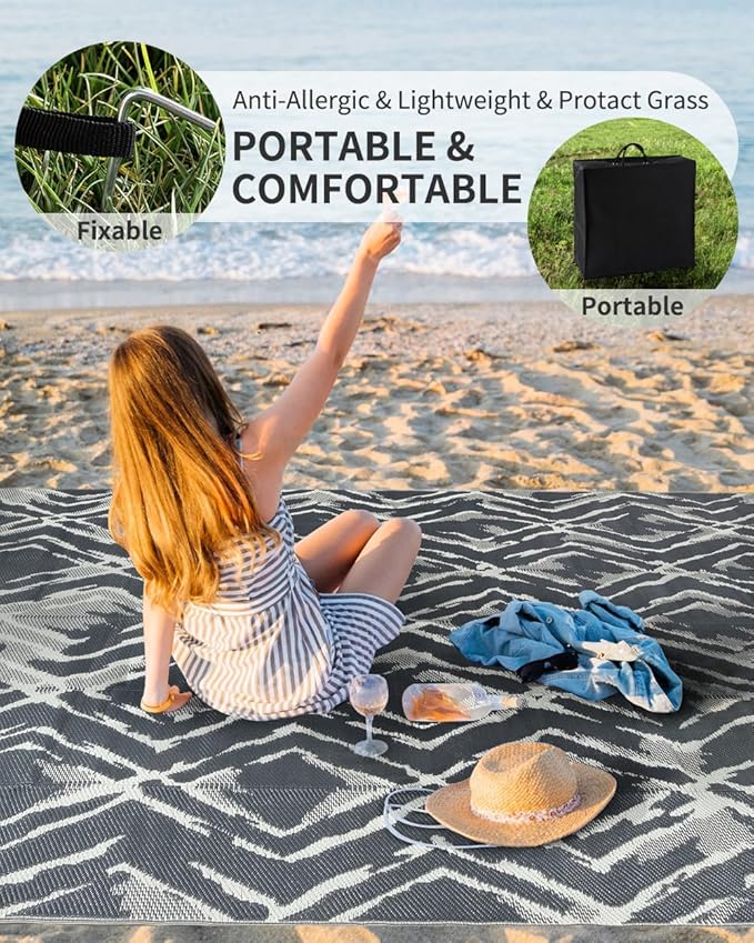 MontVoo Outdoor Rug 8x10 Waterproof-Patio Rug Mat Outdoor Carpet Reversible RV Camping Picnic Plastic Straw Rug Outside Outdoor Area Rug for Balcony Deck Backyard Patio Decor Modern Abstract