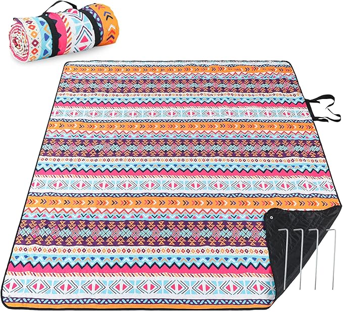 PY SUPER MODE Picnic Blankets Extra Large, Waterproof Foldable Outdoor Beach Blanket Oversized 83x79” Sandproof, 3-Layer Picnic Mat for Camping, Hiking, Travel, Park, Concerts-Bohemian Brown