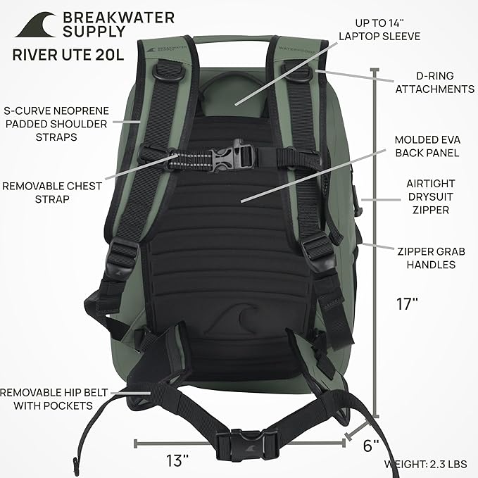 Breakwater Supply™ River Ute Waterproof IP68 Fishing Backpack, Floating TPU Submersible Dry Bag with Padded Hip Belt and Airtight Zippers | 20L (River Ute 20L Marsh Green)