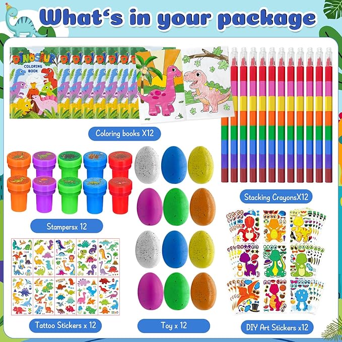 Cinrobiye 72 Pcs Dinosaur Coloring Book with Crayons Party Favors,Dinosaur Party Goodie Bags Fillers,Dinosaur Birthday Party Games Craft DIY Kit Face Stickes Tattoo for Dinosaur Pinatas