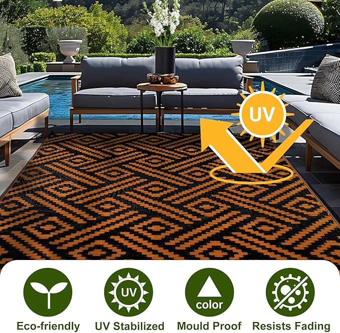 OPPODREAM Outdoor Rug 8x10 Patio Waterproof, Large Outdoor Plastic Straw Rug, Reversible Out Door Carpet for Camping, Deck, Rv, 8 x 10 Area Carpet for Balcony, Porch, Backyard, Black and Orange