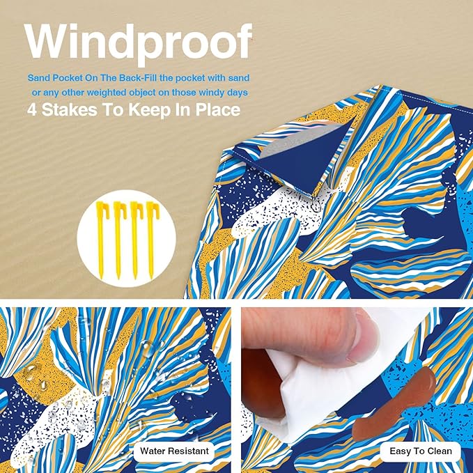 Beach Blanket, Waterproof Sandproof Beach Mat Oversized 79 X 83 Inch for 4-6 Adults, Lightweight Picnic Blanket, Portable Picnic Mat for Outdoor Travel Camping Hiking with 4 Stakes & 4 Corner Pocket