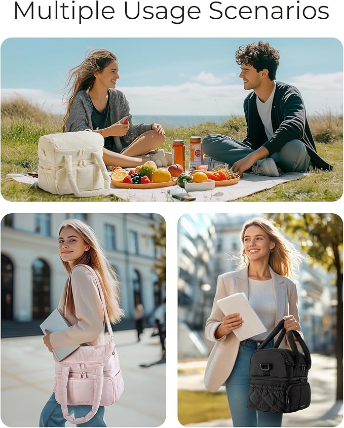 BAGSMART Lunch Bag Women, Double Deck Insulated Lunch Box, Quilted Puffer Lunch Tote, Leakproof, Durable & Reusable Large Lunch Cooler For Work Picnic Travel Meal Prep, Camel