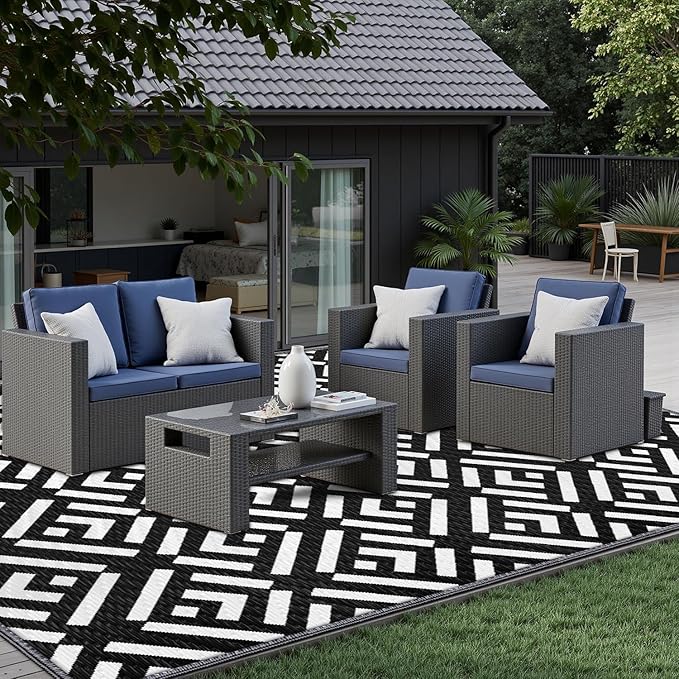 Outdoor Rug 6x9Ft, Solar Powered Outdoor Camping Rug with 93LEDs Strip Lights, Waterproof Plastic Reversible Outdoor Straw Rug, Rug Mat for RV Camping Patio Beach Balcony House Deck Picnic