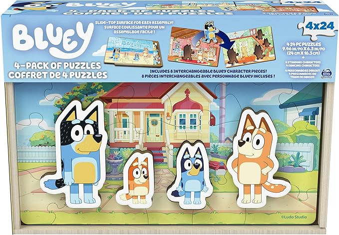 Bluey 4-Pack of Wooden 24-Piece Puzzles with Interchangeable Pieces | Bluey Birthday Party Supplies | Bluey Party Favors | Bluey Toys for Kids Ages 3+