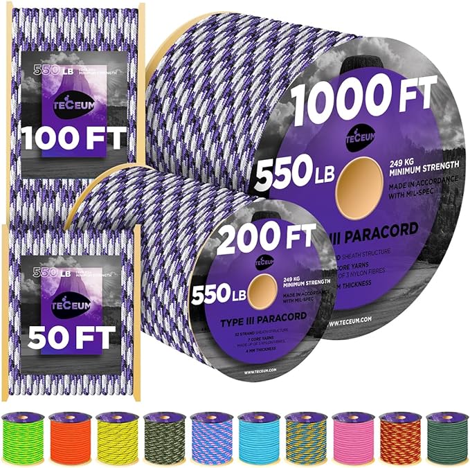 TECEUM Heavy Duty Rope 1000 – 1000ft / 200ft / 100ft / 50ft – 40+ Colors – Utility Rope for Survival & Camping Gear – Nylon String, Camping Rope, para Cord, Utility Nylon Rope, Tent Cord