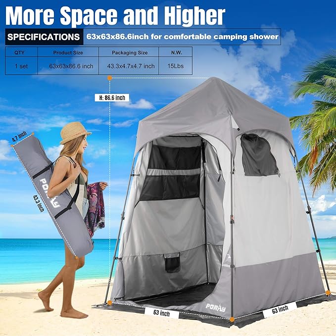 Portable Camping Shower Tent Deluxe Changing Room with Shower Bag Easy Set Up Privacy Shelter,Large Toilet Tent with Floor Drain Design for Beach,Camping,Hiking with Stakes and Ropes for Stability