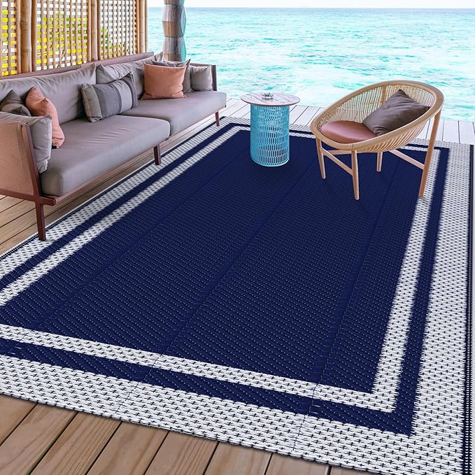HappyTrends Outdoor Rug Reversible Portable Plastic Straw Camping Rugs for Outside RV,Large Waterproof Outdoor Area Rugs for Patio,Deck,Porch,Balcony (5'x 8',White&Blue)