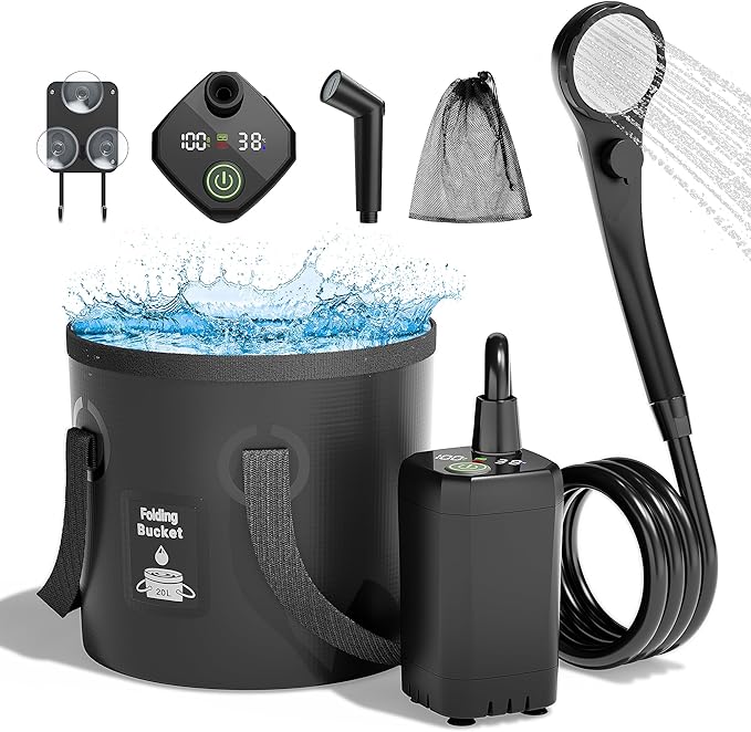 Moriko Portable Camping Shower, 6000mAh Rechargeable Shower Pump, Filtered Shower Head & 5 Gallons Foldable Bucket, Outdoor Shower for Hiking Beach, Travel, Pet Bath, Car Washing, Surf & Boat Cleaning