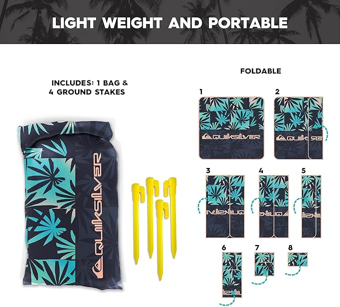 QUIKSILVER Sand-Free Beach Mat – Large Waterproof Outdoor Picnic Blanket, Lightweight Foldable Mat for Beach, Camping, Park, or Travel – Fits 4-6 People, Quick-Dry, Durable