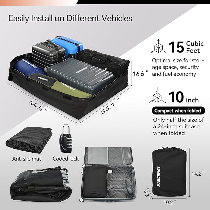MARCHWAY Waterproof Car Roof Luggage Bag, Weatherproof Soft Shell Rooftop Cargo Carrier Bag for Vehicles with or Without Rack. 6 Door Hooks, Anti Slip Mat, Lock Included (15 Cubic Feet, Orange)