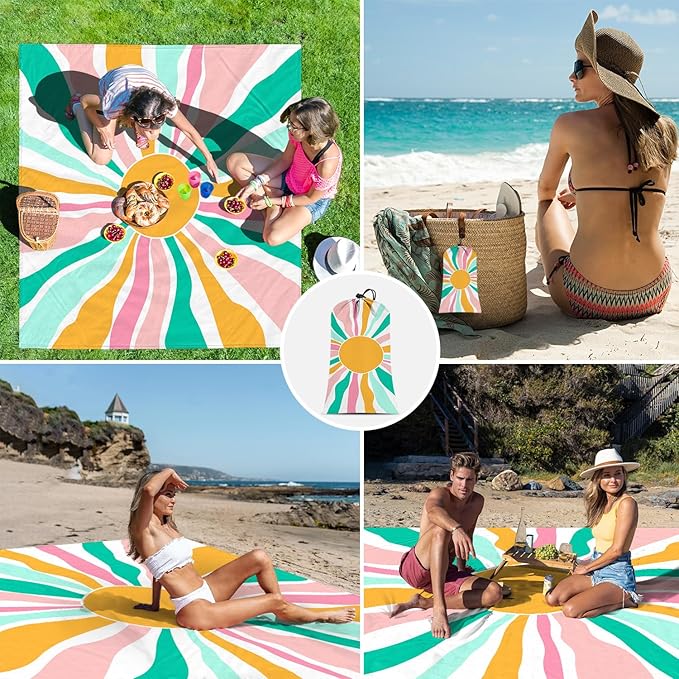 Beach Blanket Waterproof Sandproof, Oversized Picnic Blankets with Stakes and Sand Pockets, Lightweight Quick Drying, Extra-Large Portable Beach Mat for Outdoors, Camping, Hiking Trips-Spring Sunshine