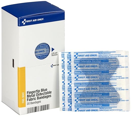 First Aid Only FAE-3041 SmartCompliance Refill Blue Metal Detectable Fingertip Bandages, First Aid Kit Refill Supplies for Business, Food Service, Restaurants, Worksites, and Home, 20 Count