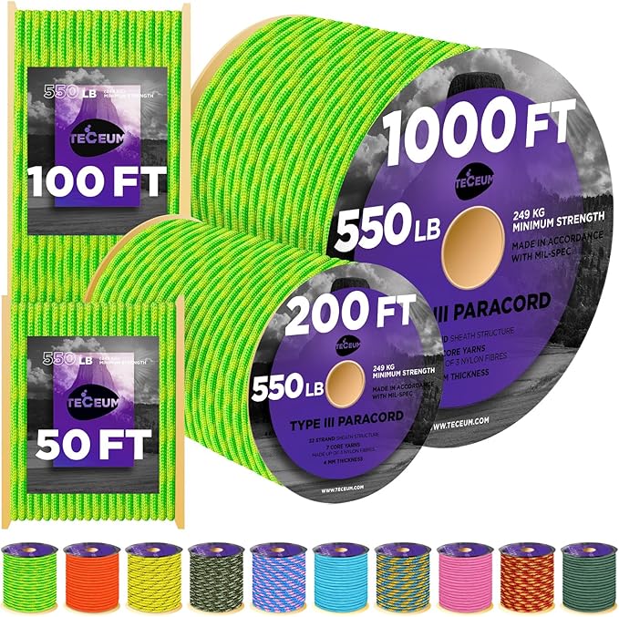 TECEUM Heavy Duty Rope 1000 – 1000ft / 200ft / 100ft / 50ft – 40+ Colors – Utility Rope for Survival & Camping Gear – Nylon String, Camping Rope, para Cord, Utility Nylon Rope, Tent Cord
