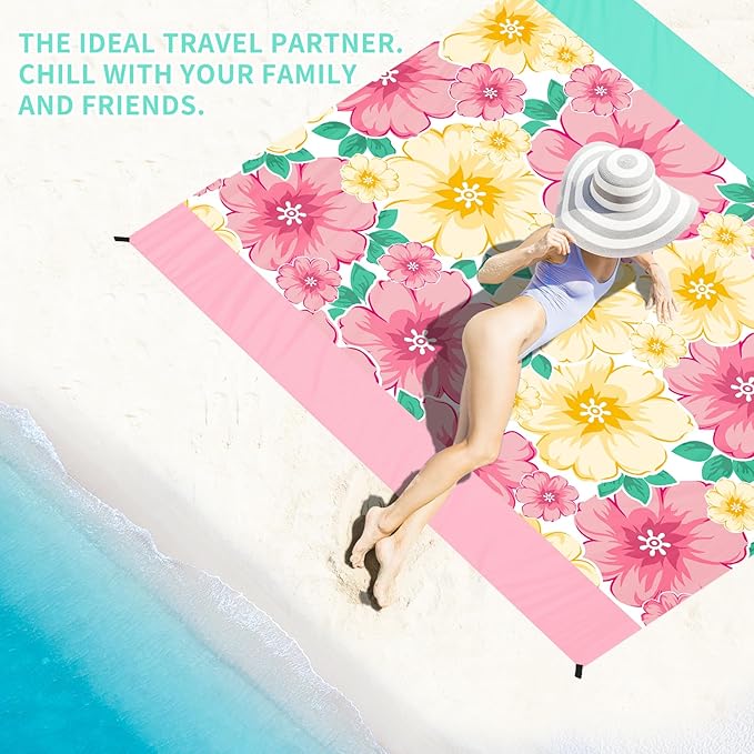 BYDOLL Beach Blanket Waterproof Sandproof 78''×81'' Suits1-4 Adults Compact Lightweight Oversized Sand-Free Blanket Large Picnic Mat for Beach Travel Camping Hiking