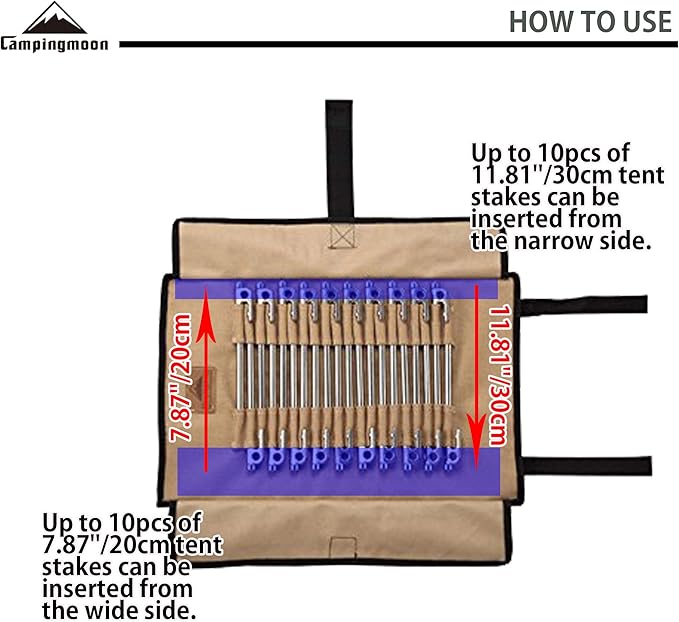 CAMPINGMOON Cotton Canvas Tent Stake Case Storage Bag Max 11.81’’/30cm in Length Beige Color B126