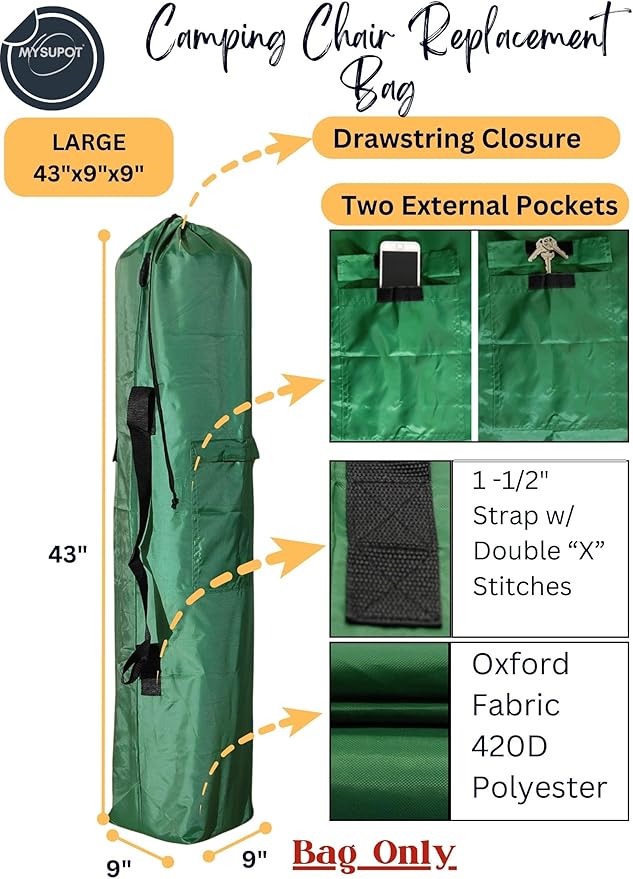 Replacement Bag for Folding Camping Chair, Portable Camp Chair, Hammock, Yoga Mat, Umbrella, Tents, Tripods, Fishing Poles - 420D Oxford Polyester Fabric