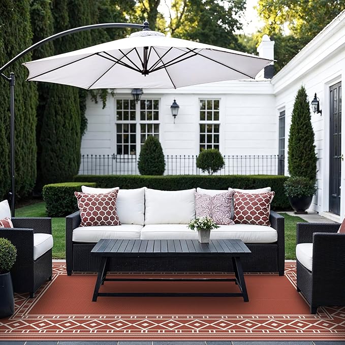 GENIMO Outdoor Rug Waterproof 6'x9' for Patio, Foldable Reversible Plastic Straw Carpet for Travel Trailers, Outside Area Mat for Rv, Deck, Picnic, Porch, Camper, Balcony, Beach, Brick Red