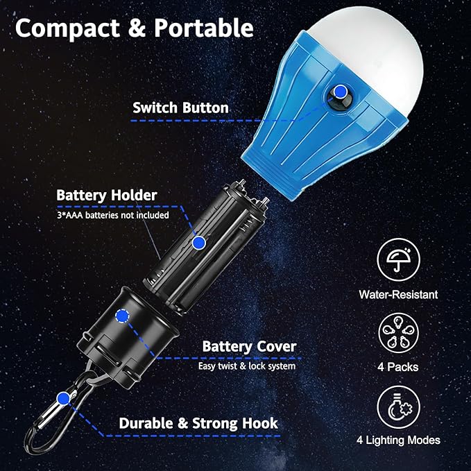 PEMOTech Camping Lights 6 Pack - Portable 5 pcs Tent Lights & 1pcs RGB Mode Lantern Bulb with Clip Hook, Emergency Lights Tent Lamp Camping Accessories for Camping Hiking Backpacking Fishing Outage