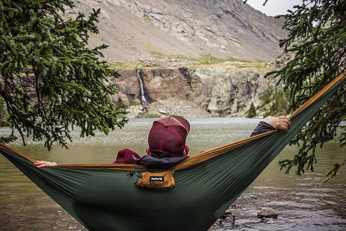 Hurley Duo Camping Hammock - 2 Person Portable Hammock for Camping, Heavy Duty Hammock, Parachute Nylon Fabric - Camping Accessories for Outdoor Activity - Holds Up to 400lbs, Iceberg Green, 118 x 79