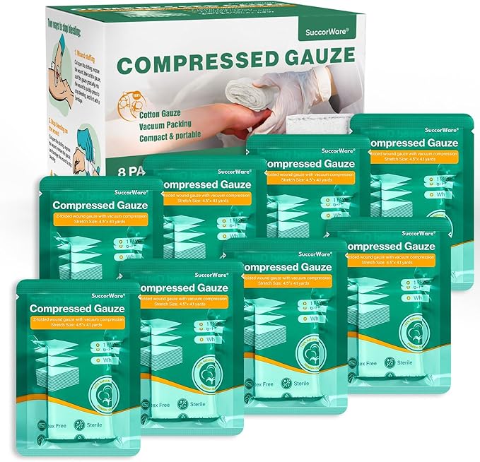 8 Packs Sterile Compressed Gauze with Z-Folded - Wound Gauze for Bleed Stop, 4.5" x 4.1 Yards, 6-Ply - for First Aid Kit,Medical Trauma Kit, IFAK Supplies Refill