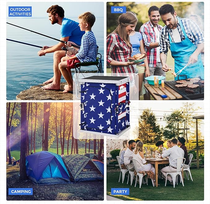 EAGLE PEAK Outdoor Folding Camping Table with Large 3-Tier Storage Organizer and Side Pockets, Easy Set Up Portable Aluminum Camping Kitchen, American Flag