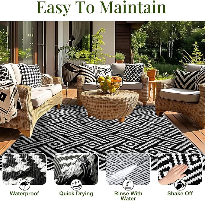 OPPODREAM Outdoor Rug 5x8 Ft, Waterproof Outdoor Plastic Straw Rug for Patio, Reversible Out Door Carpet for Camping, Deck, Rv, 5 x 8 Area Carpet for Balcony, Porch, Backyard, Black and White