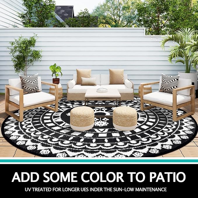 Capslpad 8Ft Round Outdoor Rug for Patio Reversible Mat Boho Circle Indoor Outside Area Rug Waterproof Plastic Straw Rug for RV Camping Picnic Pool Tent Beach Deck Balcony Doormats Decor