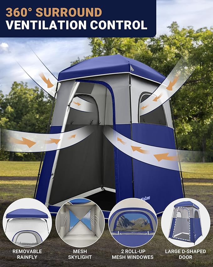 KingCamp Camping Shower Tent, Portable Outdoor Privacy Toilet & Changing Tent Windproof & Waterproof Easy Setup 1 or 2 Room Shelter with Shower Bag for Camping Hiking Beach