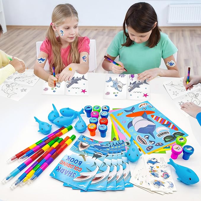Cinrobiye 72 Pcs Shark Toddler Party Favors,Shark Coloring Book Ocean Animals Party Goodie Bags Fillers,Under the Sea Birthday Party Decorations Craft DIY Kit Face Stickers Tattoo for Shark Pinatas