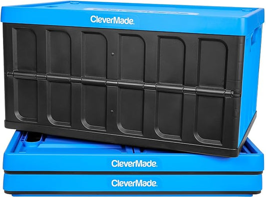 CleverMade Collapsible Storage Bins with Lids- Neptune Blue 3Pack 46L- Plastic Container Stackable Organization Crates Home Closet SpaceSaving Durable