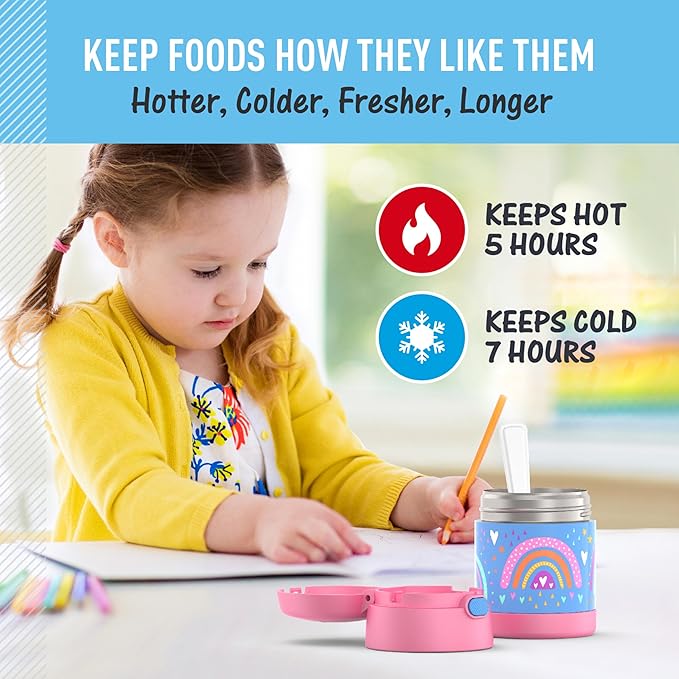 THERMOS FUNTAINER Insulated Food Jar, 10 Ounce, Kid Friendly Food Jar with Foldable Spoon, Rainbow Dreams