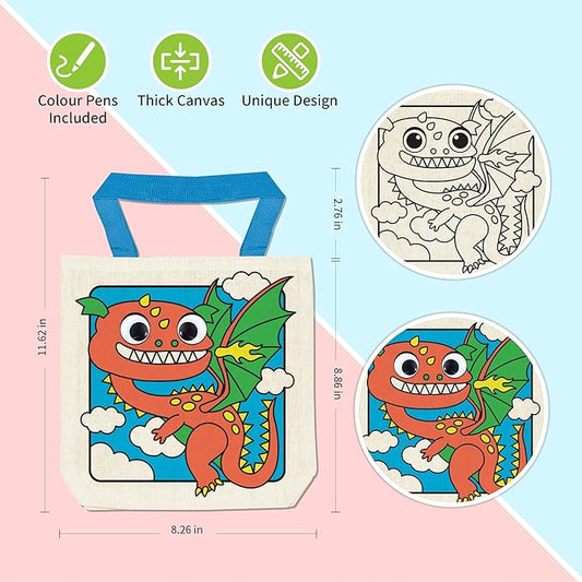 12 Pieces Kids Coloring Goodie Bags, Reusable Canvas Bag, Cute Art Party Favors, Color Your Own Bags for DIY Painting Birthday Carnival Celebration, Party Supplies Gift, Boys