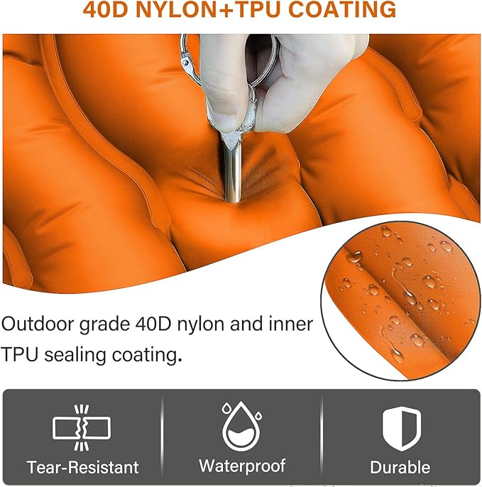 Camping Sleeping Pad, Ultralight Camping Pad with Pillow Built-in Foot Pump Inflatable Sleeping Mat Compact for Camping Backpacking Hiking Traveling - Orange, Single