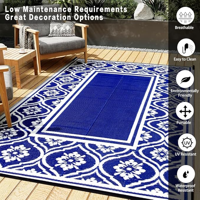 Patio Rug 5'x8' Waterproof Outside Area Rugs Reversible Light Blue Outdoor Plastic Straw Carpet for RV Deck Camping Entryance Porch Picnic Balcony Beach