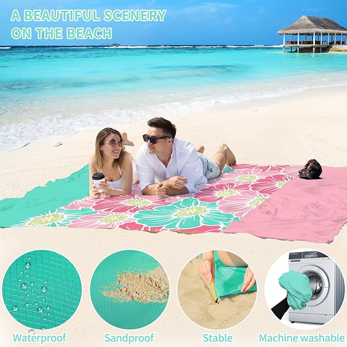 BYDOLL Beach Blanket Waterproof Sandproof 78''×81'' Suits1-4 Adults Compact Lightweight Oversized Sand-Free Blanket Large Picnic Mat for Beach Travel Camping Hiking