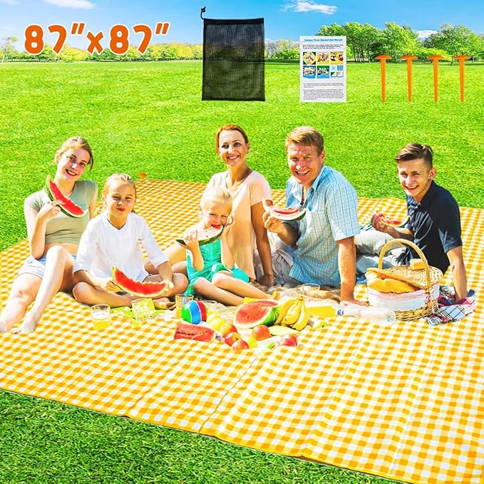 ZHUYNXIR Extra Large Picnic Blanket, 87x87 inch Waterproof Picnic Blanket, Gingham Picnic Mat for Beach, Camping Grass Picnic Blankets.