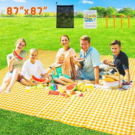ZHUYNXIR Extra Large Picnic Blanket, 87x87 inch Waterproof Picnic Blanket, Gingham Picnic Mat for Beach, Camping Grass Picnic Blankets.