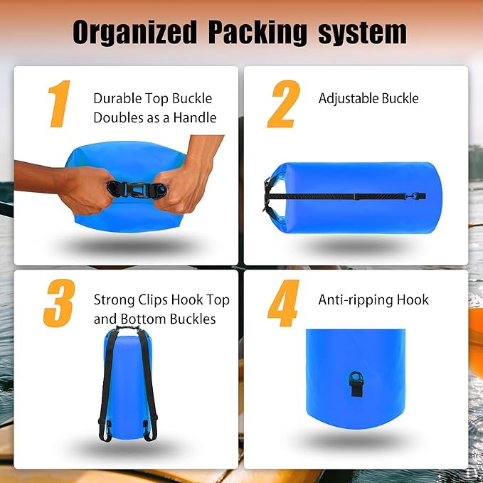 8 Fans Dry Bag Backpack Waterproof,40L Roll Top Bag with Phone Case, Perfect for Floating,Travel,Swimming,Boating,Kayaking,Camping,and Beach Activities(No Valves, Blue)