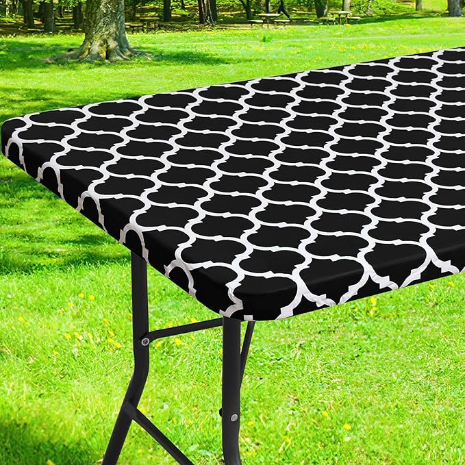 Smiry Rectangle Picnic Table Cover, Waterproof Elastic Fitted Camping Tablecloths for 6 Foot Tables, Wipeable Flannel Backed Vinyl Tablecloth Protector for Indoor, Outdoor (Black, 36x72 Inches)