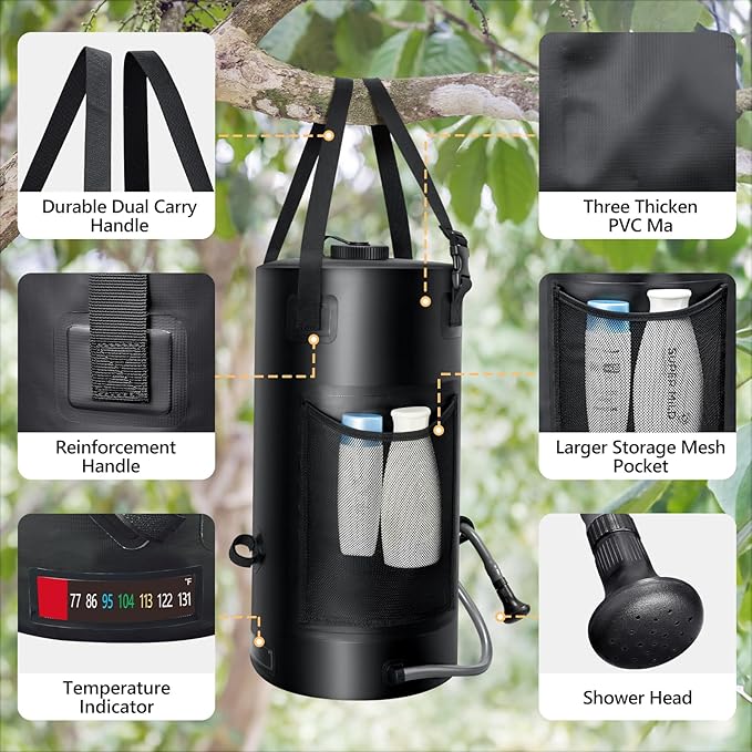Solar Shower Bag, 5 Gal/20L Solar Heating Camping Shower Bag, Portable Shower with Reinforced Handles & Thick Tarpaulin, Solar Showers for Camping, Surfing, Outdoor Traveling, Hiking