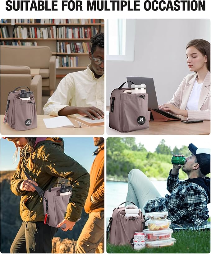 Sports rabbit Insulated Lunch Bag for Men–Compatible with 30/40OZ Handle & Straight Bottles–Leakproof Cooler Tote, Wax-Coated Oxford, Adjustable Strap–Perfect for Work, Travel, Picnics (Coffee Brown)