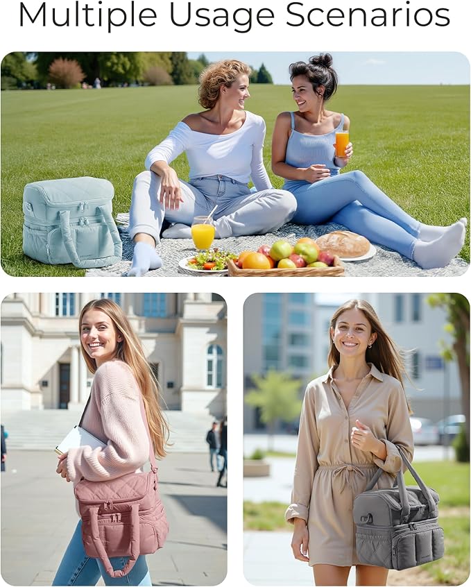 BAGSMART Lunch Bag Women, Double Deck Insulated Lunch Box, Quilted Puffer Lunch Tote, Leakproof, Durable & Reusable Large Lunch Cooler For Work Picnic Travel Meal Prep, Gray
