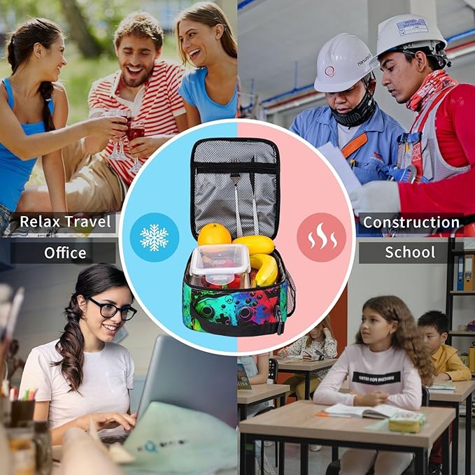 Video Game Controller Insulated Lunch Bag, Colorful Abstract Artist Painting Lunch Box for Boys Girls Kids, Portable Reusable Zipper Lunch Box for Men Women School Work Travel